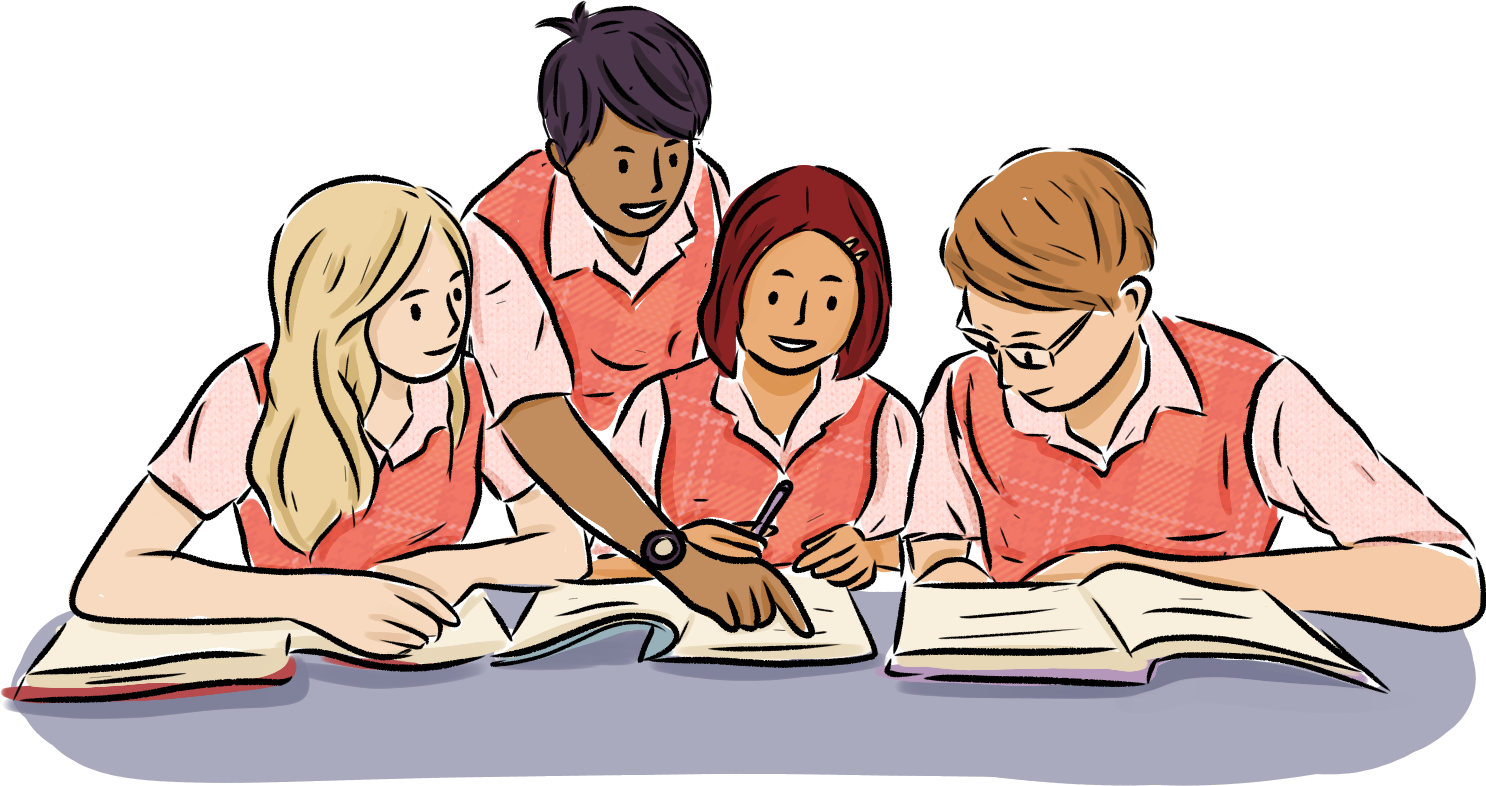 Loose Scribbly Patterned School Teen Students Half Body Studying in Uniform
